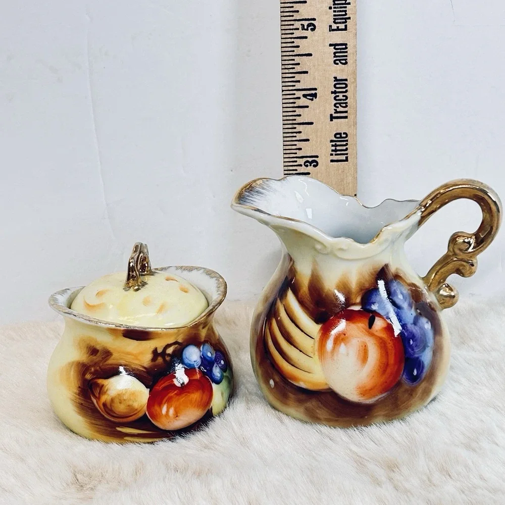 Vintage Enesco Porcelain Mini Sugar Creamer Set Fruit Colorful‎ Gold Accent